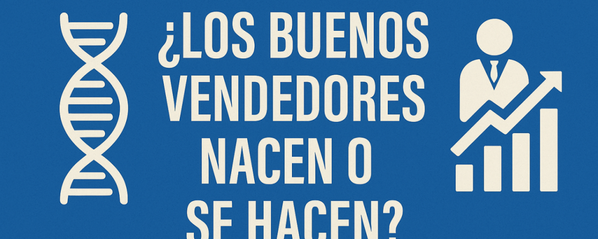 Gráfico con la pregunta: ¿Los buenos vendedores nacen o se hacen? Ilustración de una cadena de ADN frente a un ejecutivo con gráfico de ventas ascendente.