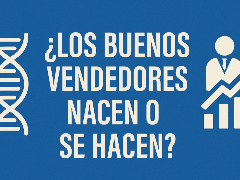 Gráfico con la pregunta: ¿Los buenos vendedores nacen o se hacen? Ilustración de una cadena de ADN frente a un ejecutivo con gráfico de ventas ascendente.