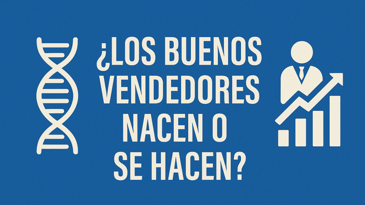 Gráfico con la pregunta: ¿Los buenos vendedores nacen o se hacen? Ilustración de una cadena de ADN frente a un ejecutivo con gráfico de ventas ascendente.