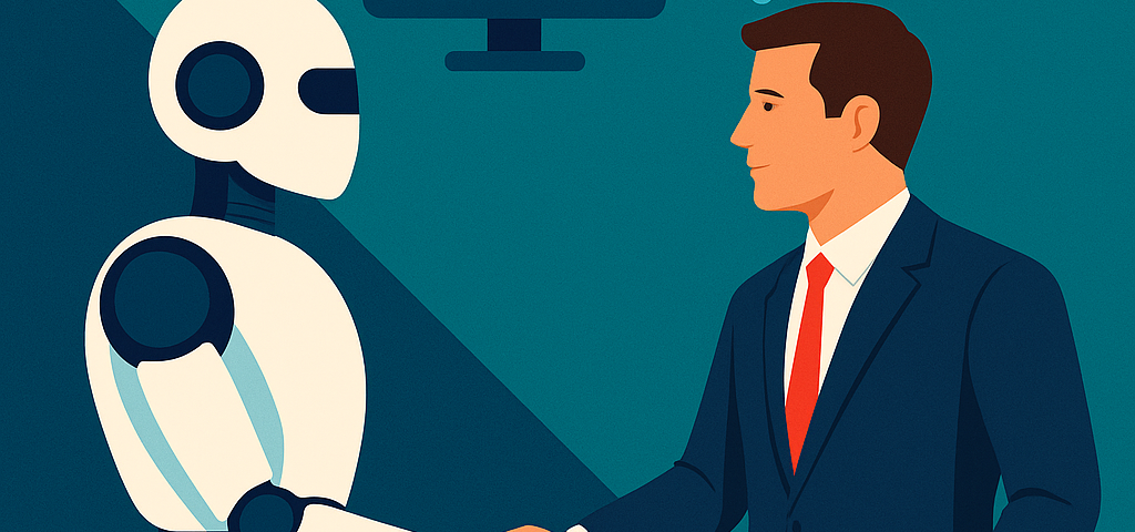 Ilustración de un líder comercial estrechando la mano de un robot de IA, representando la integración de agentes autónomos y la colaboración humano-IA en equipos de ventas B2B.