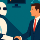 Ilustración de un líder comercial estrechando la mano de un robot de IA, representando la integración de agentes autónomos y la colaboración humano-IA en equipos de ventas B2B.