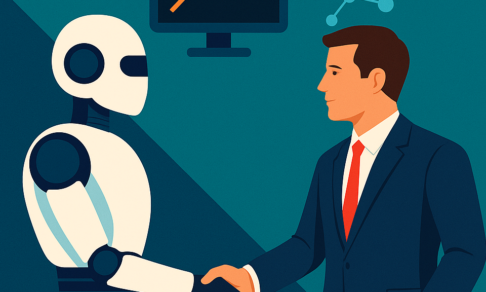 Ilustración de un líder comercial estrechando la mano de un robot de IA, representando la integración de agentes autónomos y la colaboración humano-IA en equipos de ventas B2B.