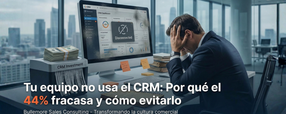 Empresario frustrado frente a un computador desconectado y una trituradora de billetes etiquetada como 'Inversión CRM'. Gráfico sobre el fracaso en la implementación de CRM.
