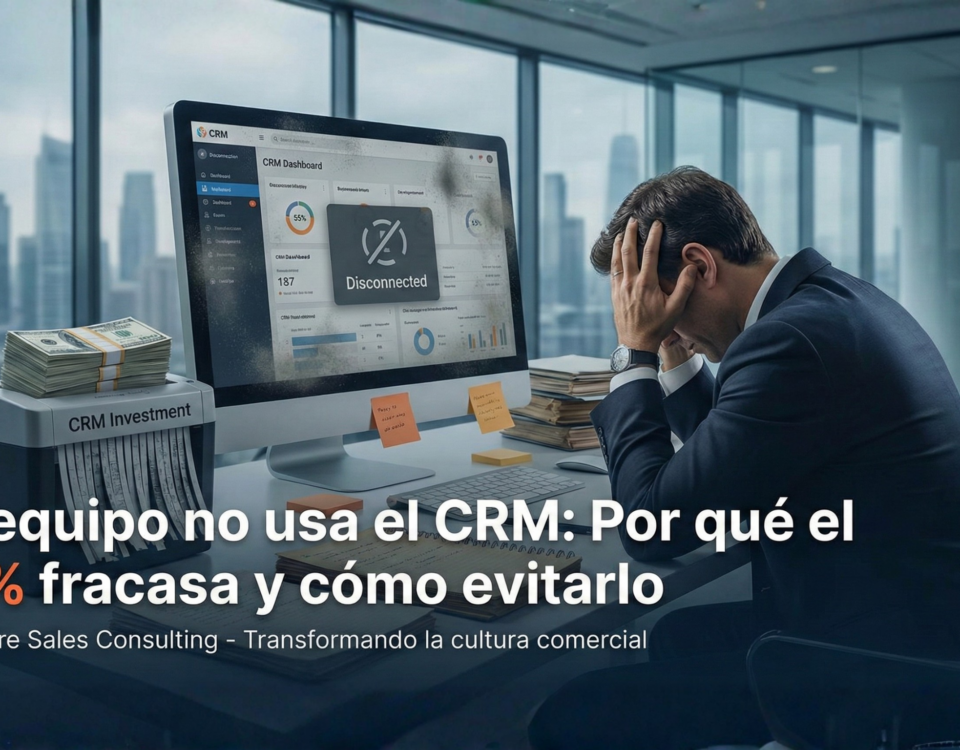 Empresario frustrado frente a un computador desconectado y una trituradora de billetes etiquetada como 'Inversión CRM'. Gráfico sobre el fracaso en la implementación de CRM.