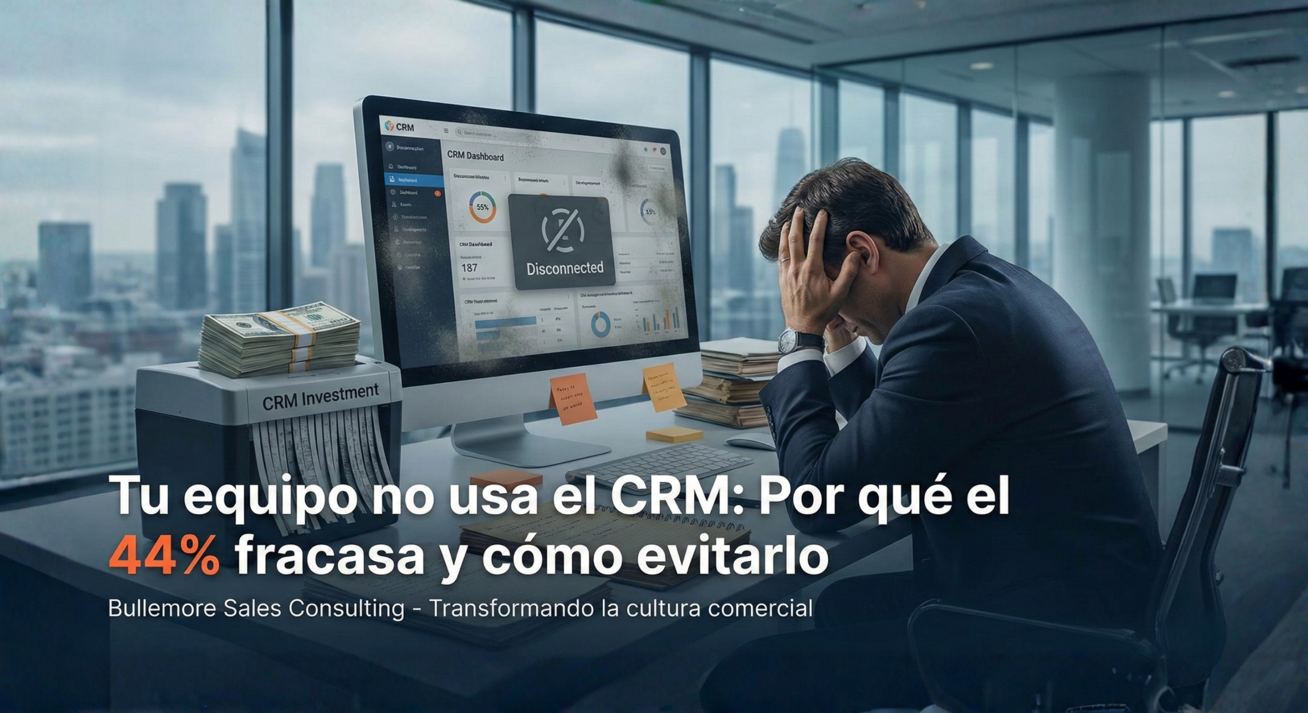 Empresario frustrado frente a un computador desconectado y una trituradora de billetes etiquetada como 'Inversión CRM'. Gráfico sobre el fracaso en la implementación de CRM.