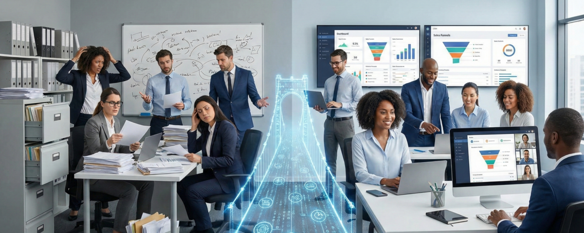 Imagen dividida que contrasta a un equipo de ventas frustrado lidiando con procesos manuales en papel, frente a un equipo comercial moderno y productivo gestionando su embudo en pantallas interactivas, representando la exitosa adopción de tecnología y CRM.