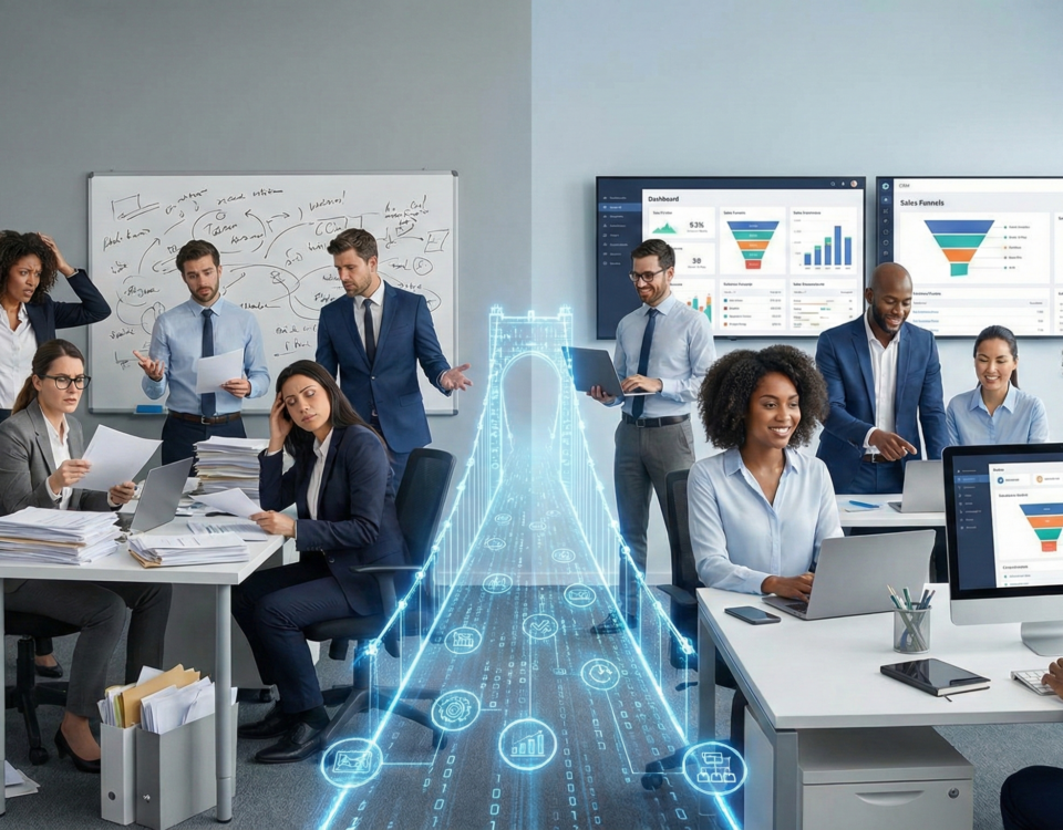 Imagen dividida que contrasta a un equipo de ventas frustrado lidiando con procesos manuales en papel, frente a un equipo comercial moderno y productivo gestionando su embudo en pantallas interactivas, representando la exitosa adopción de tecnología y CRM.