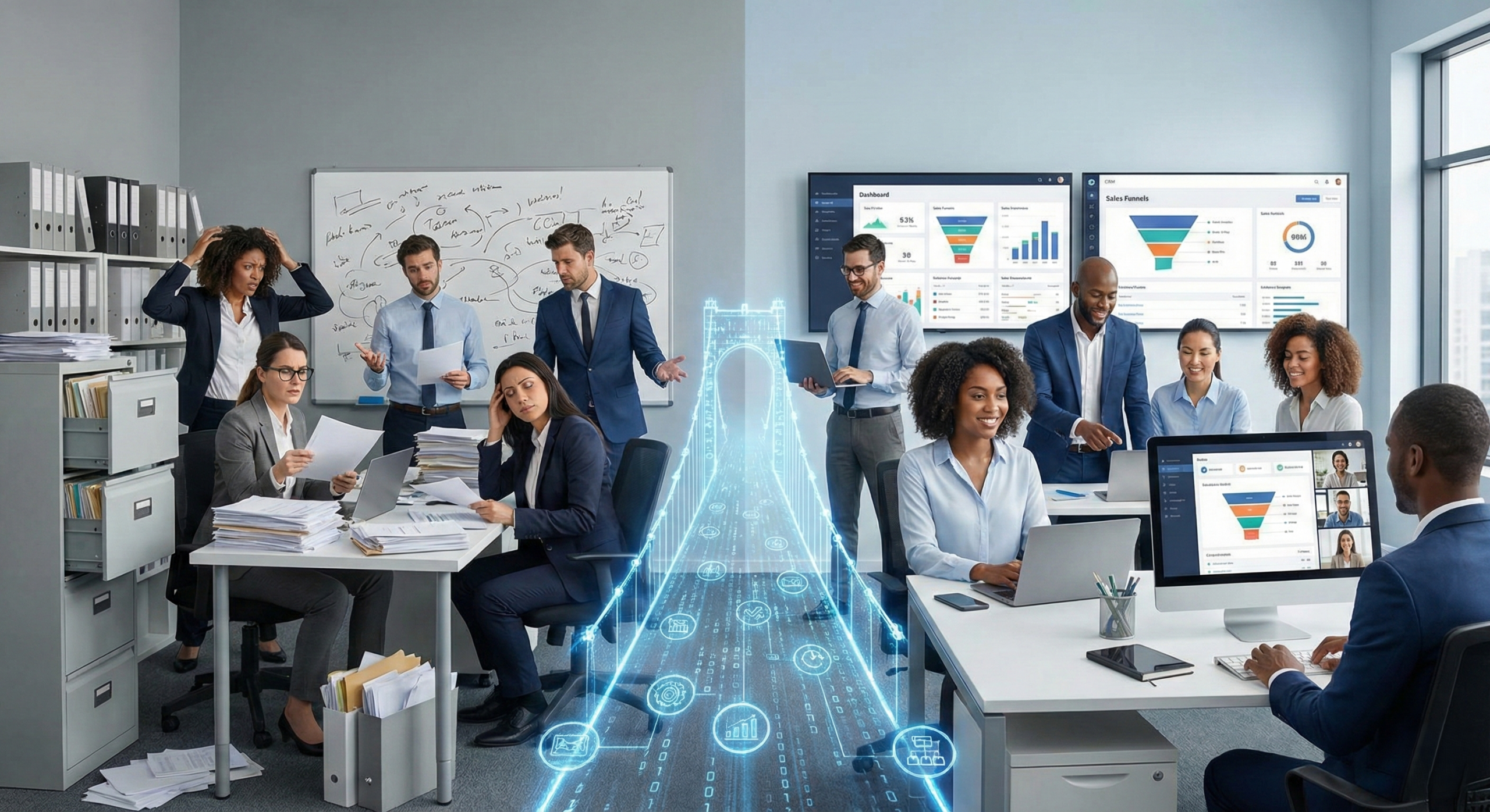 Imagen dividida que contrasta a un equipo de ventas frustrado lidiando con procesos manuales en papel, frente a un equipo comercial moderno y productivo gestionando su embudo en pantallas interactivas, representando la exitosa adopción de tecnología y CRM.