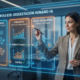 Mujer ejecutiva señalando un panel holográfico titulado "IA en ventas B2B: Orquestación Humano-IA", que muestra un diagrama de procesos con tres columnas: "Piloto Humano (Estrategia & Relación)", "Copiloto IA (Análisis & Asistencia)" y "Piloto Automático (Agentes & Flujos)", ilustrando cómo la integración de la IA mejora la productividad y el control en el ámbito comercial B2B.