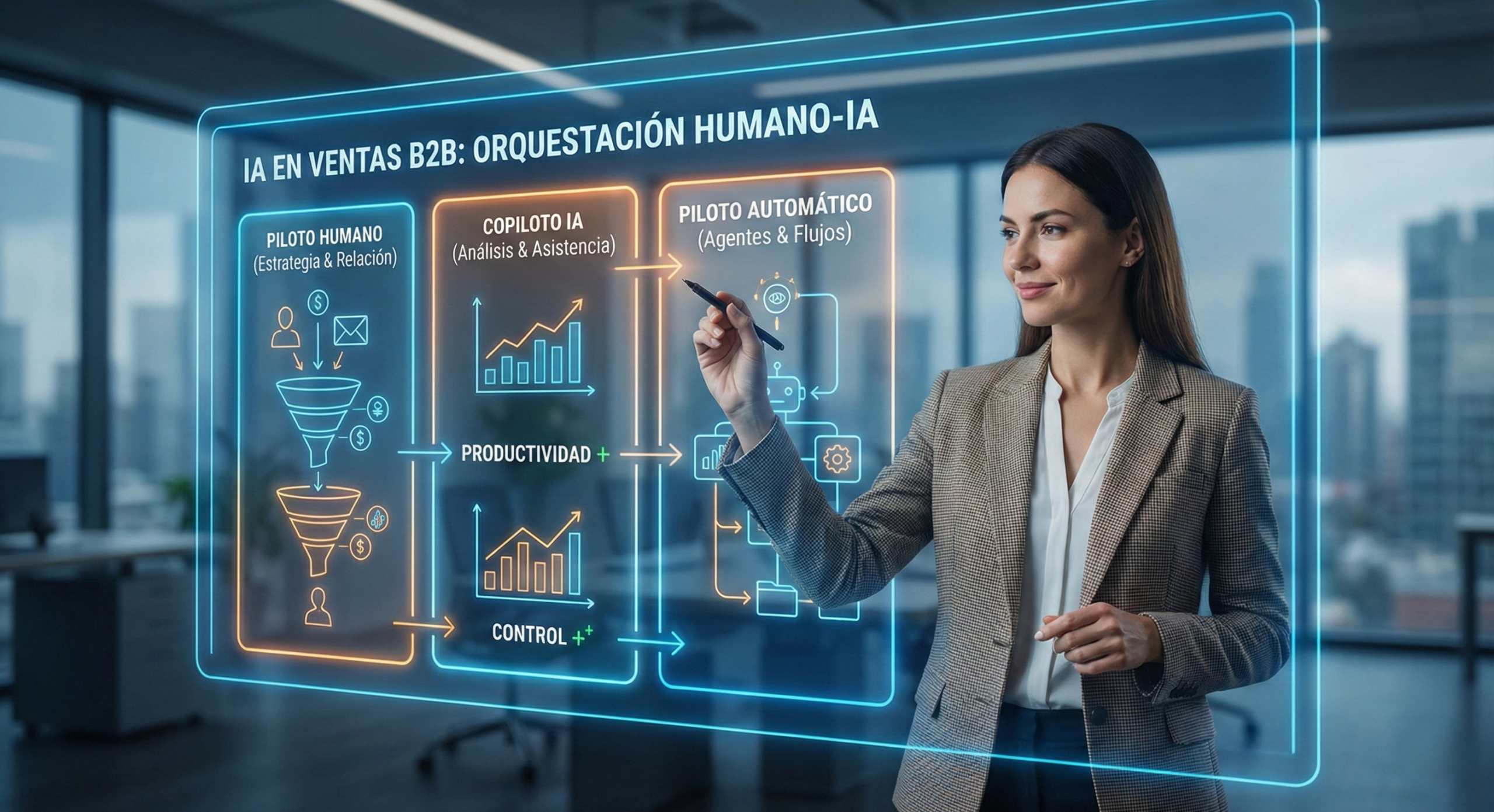 Mujer ejecutiva señalando un panel holográfico titulado "IA en ventas B2B: Orquestación Humano-IA", que muestra un diagrama de procesos con tres columnas: "Piloto Humano (Estrategia & Relación)", "Copiloto IA (Análisis & Asistencia)" y "Piloto Automático (Agentes & Flujos)", ilustrando cómo la integración de la IA mejora la productividad y el control en el ámbito comercial B2B.